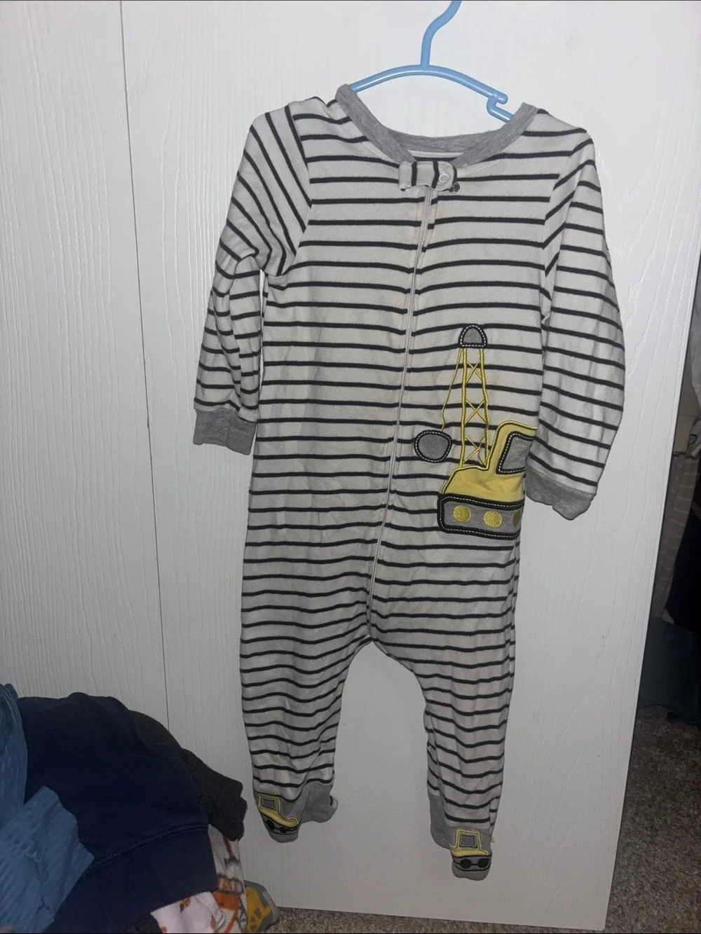 Striped Gray & White Footed One-Piece with Yellow Excavator - Kids